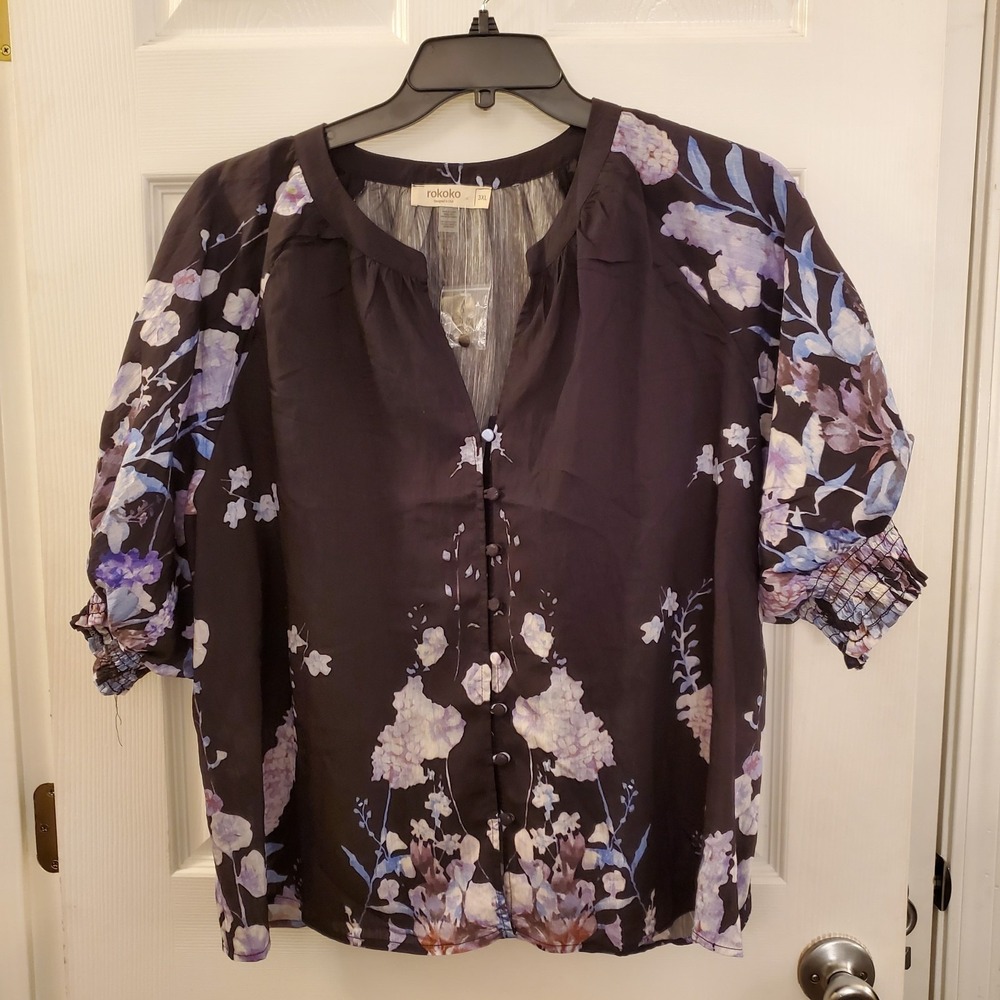 Rokoko 3X puff slv button up blk blouse tencel/linen floral resort boho‎ Casual